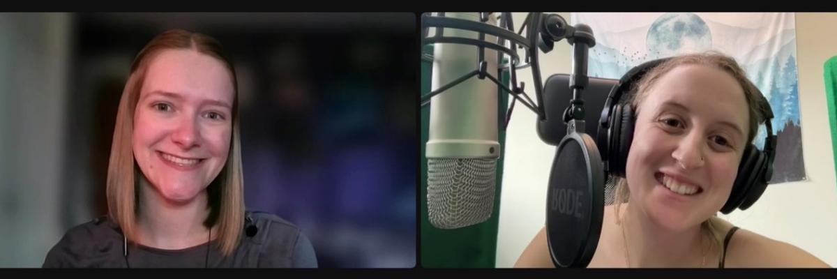 Two side-by-side photos, both with young women smiling at the camera, Emilee Schevers on the left and Taylor Gaudon on the right wearing headphones with a microphone in front of her.