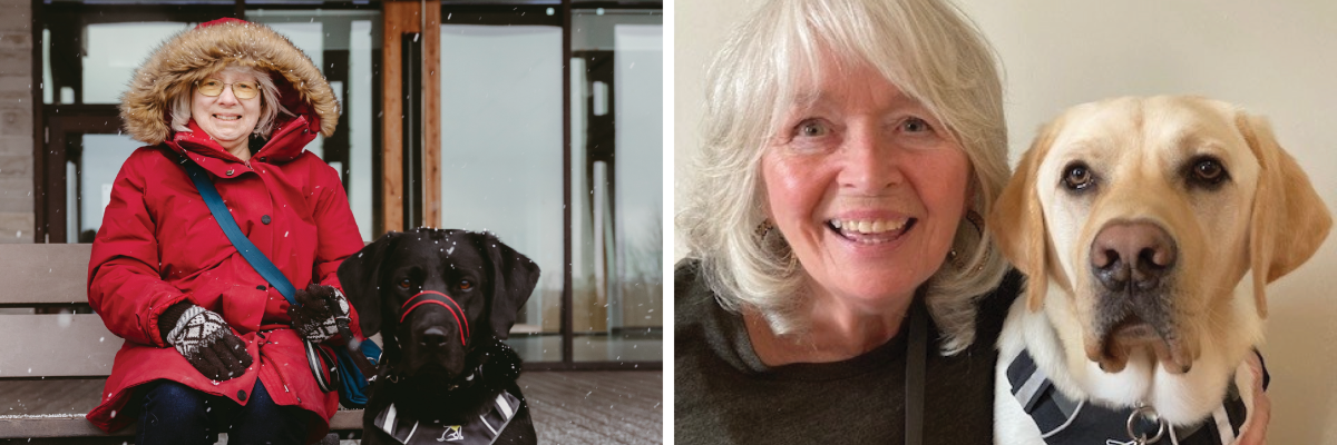Deux photos de diplômés partenaires. À gauche : Cheri sourit et s’assoit sur un banc, tandis que son chien-guide, Sassy, prend place sur la chaussée à sa droite. Sassy est un chien noir en harnais. Il neige légèrement et Cheri porte un blouson d’hiver rouge et des gants. À droite : Maxine et son chien guide, Symba, prennent un égoportait ensemble. Symba est une chienne blonde en harnais.