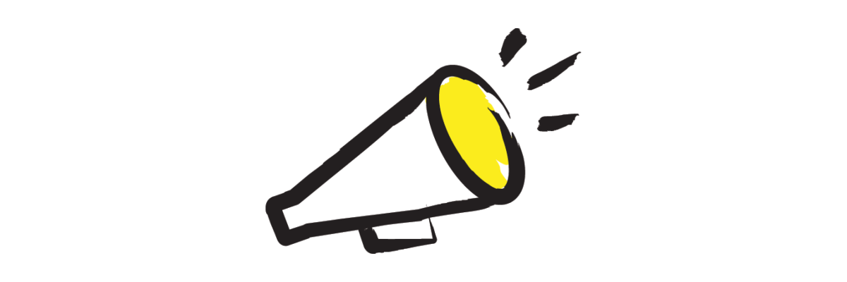 Une illustration d’un mégaphone dont le contour est tracé au pinceau noir avec accents jaunes.