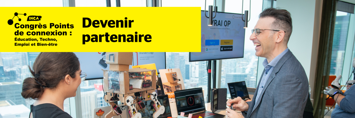 Un homme en costume tenant une boîte blanche parle à une femme devant une table remplie de technologies robotiques, à côté du logo « Points de connexion d'INCA » et du texte « Devenez partenaire ».