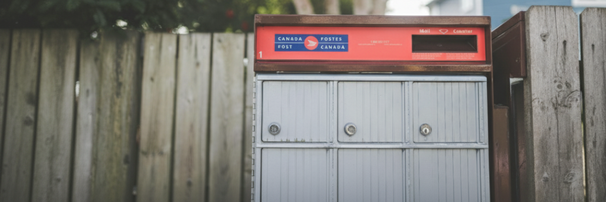Boîte aux lettres de Postes Canada avec une clôture en bois derrière elle