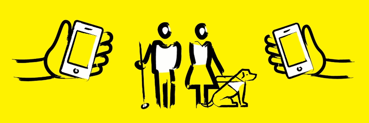 Graphique montrant le logo Rendre l'appareil, des mains tenant des téléphones intelligents, un homme avec une canne blanche et une femme avec un chine-guide.  