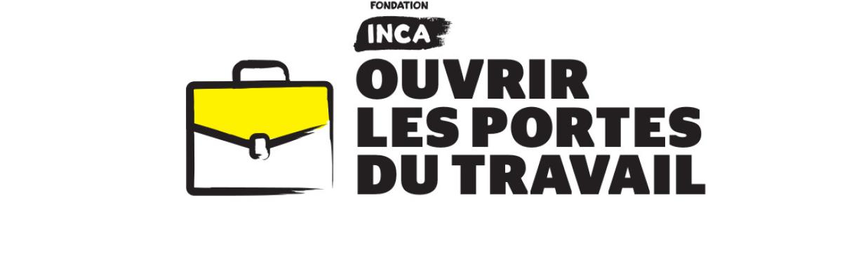 Un dessin de bande dessinée d'une mallette avec une bordure noire épaisse. "INCA Ouvrir Les Portes du Travail"  