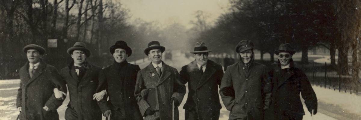 Seven veterans with sight loss walking in Regent's Park near St. Dunstan's in 1917. St Dunstan's – now Blind Veterans UK – is a rehabilitation facility in London that provides rehabilitation services to veterans with vision loss.