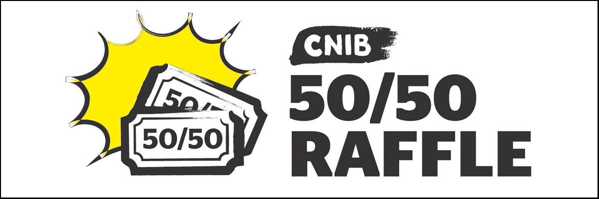 A yellow starburst, two tickets and the words "CNIB 50/50 Raffle".