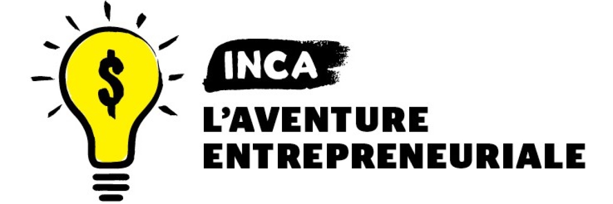 Logo de l'appli: une ampoule  jaune avec une signe de dollar à l'intérieur, écrit à droit INCA L'Aventure entrepreneuriale