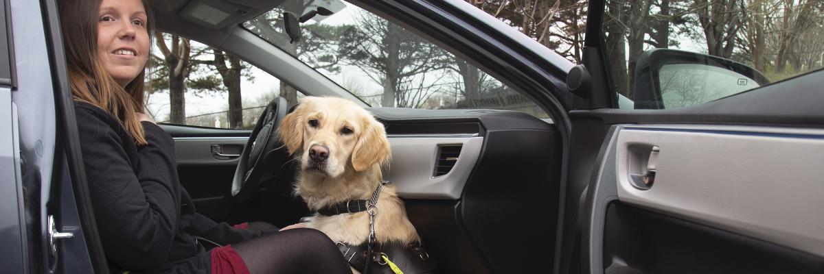 Une femme assise sur le siège passager avant d'un taxi et son chien-guide, un golden retriever, est assis à ses pieds entre ses jambes.