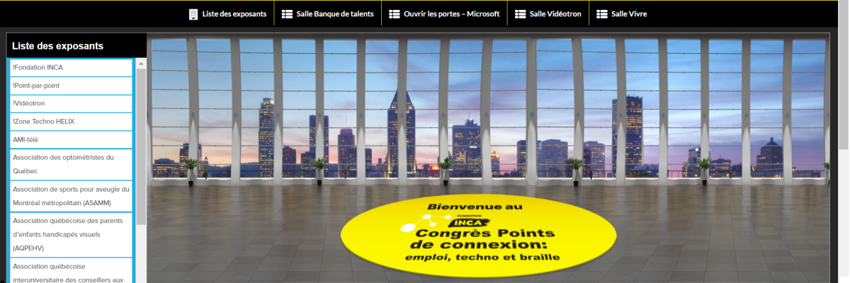 Vu de la plateforme web avec trois menus: la liste des exposants, la liste des salles et celles des commanditaires. 