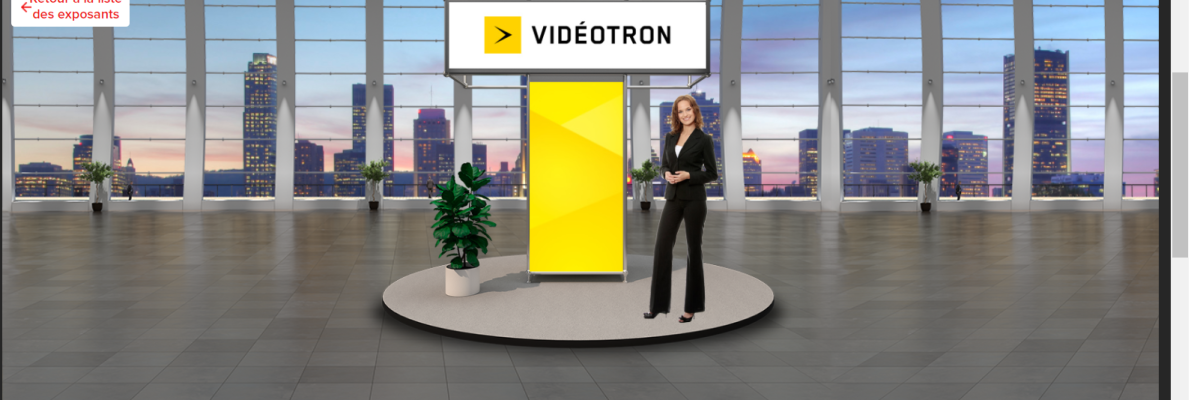 A lady avatar in front of Videotron virtual booth.