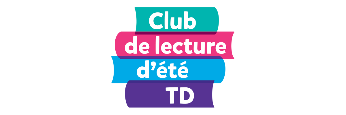 ULe logo du Club de lecture d'été TD. Le graphisme ressemble à une pile de livres multicolores. Texte : Club de lecture d'été TD