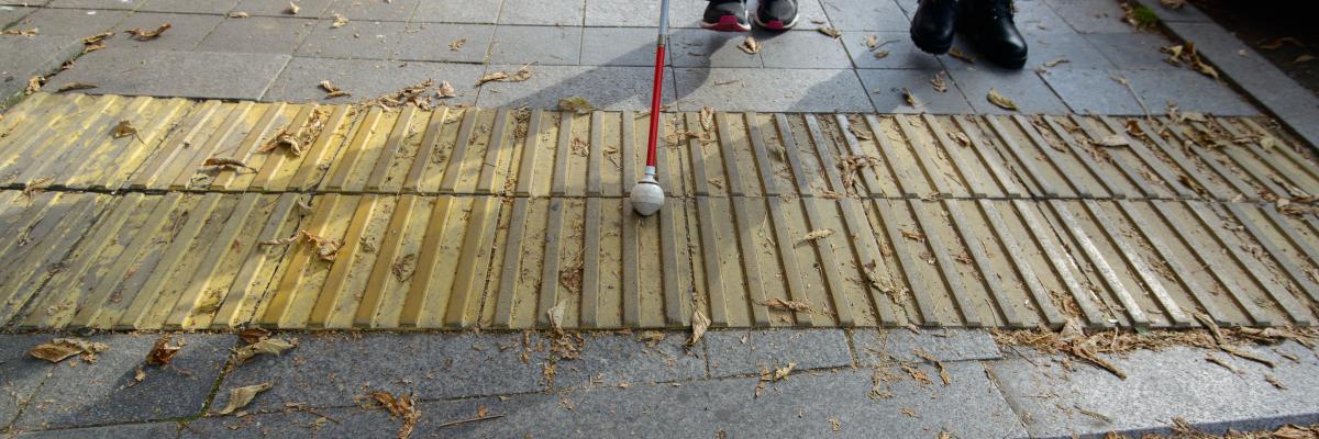 A white cane with a rolling ball tip scans tactile paving on a sidewalk.