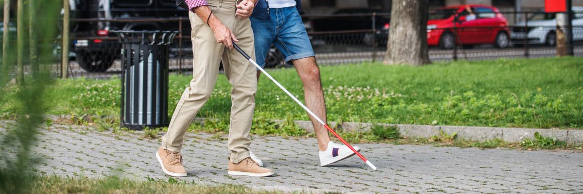 Deux hommes se promènent sur un chemin pavé dans une zone gazonnée. Un homme se dirige avec une canne blanche.