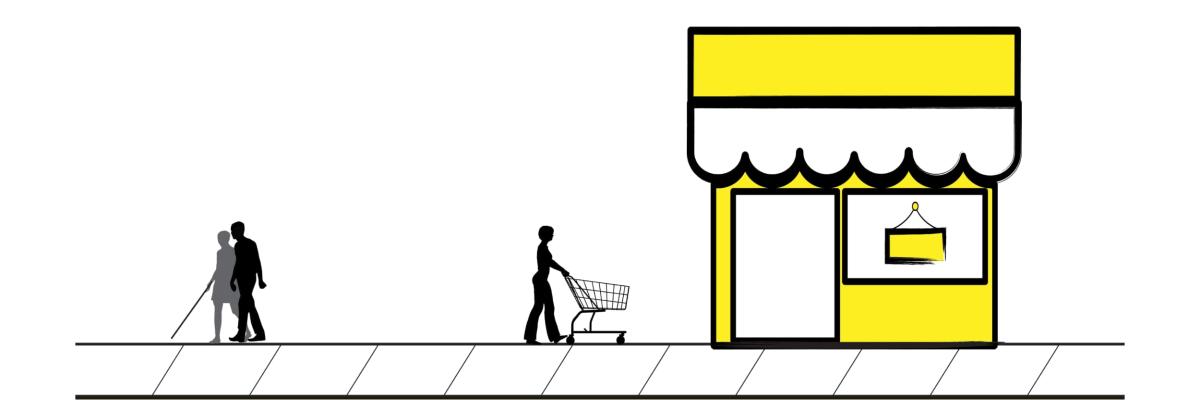 Une illustration de trois personnes marchant sur un trottoir en ville. L'une des icônes a une canne blanche et est accompagnée d'une personne qui sert de guide aux voyants. À droite d'elles se trouve l'icône d'une femme poussant un panier d'épicerie. La femme entre dans un commerce. 
