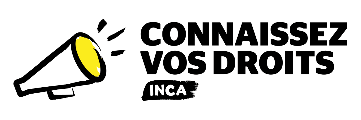 Logo « Connaissez vos droits ». Illustration d’un mégaphone dont le contour est tracé au pinceau noir. Un trait de couleur jaune apparaît sur la partie supérieure du mégaphone. Texte : « Connaissez vos droits » d’INCA.