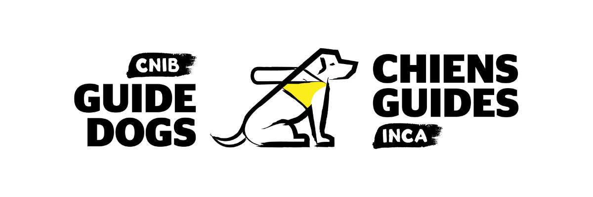 Logo bilingue des chiens-guides de l'INCA : Illustration d'un chien-guide avec une poignée et un harnais. Texte : Chiens guides INCA. 