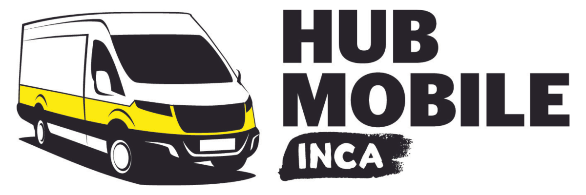 Logo du Hub mobile d'INCA. Icône d'une fourgonnette aux couleurs d’INCA. Texte : Hub mobile d'INCA.