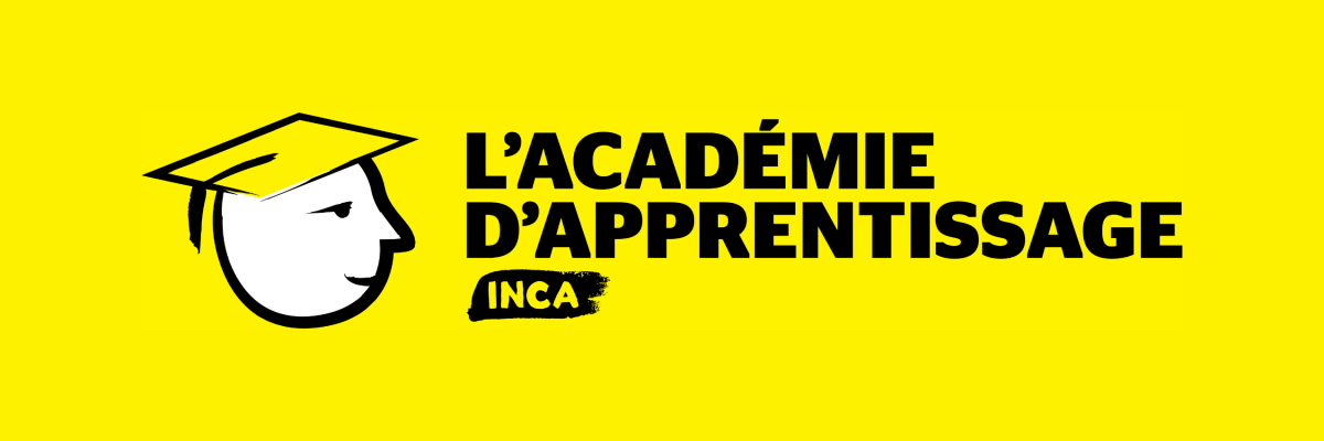 Logo de l'Académie d'apprentissage d'INCA. Image graphique représentant un visage souriant/une icône portant une toque de diplômé avec des accents blancs. Texte : Académie d'apprentissage d'INCA