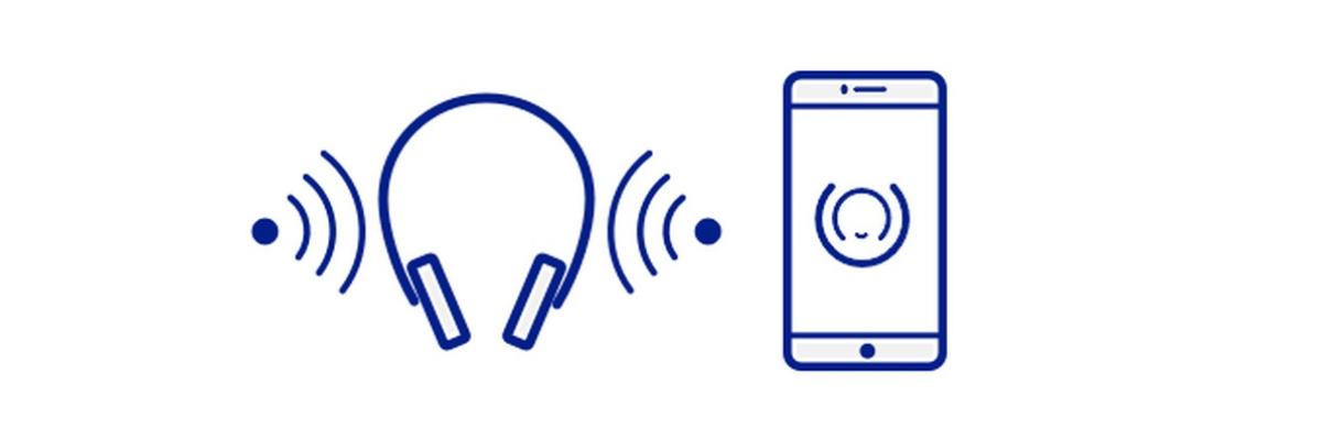 Illustration d'un casque d'écoute avec des ondes sonores et d'un téléphone cellulaire à droite. 