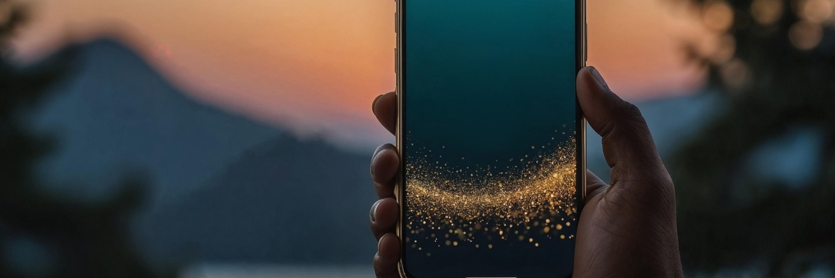 Une main tient un téléphone intelligent devant un coucher de soleil près d'un lac. Il y a des éléments qui scintillent sur le téléphone.