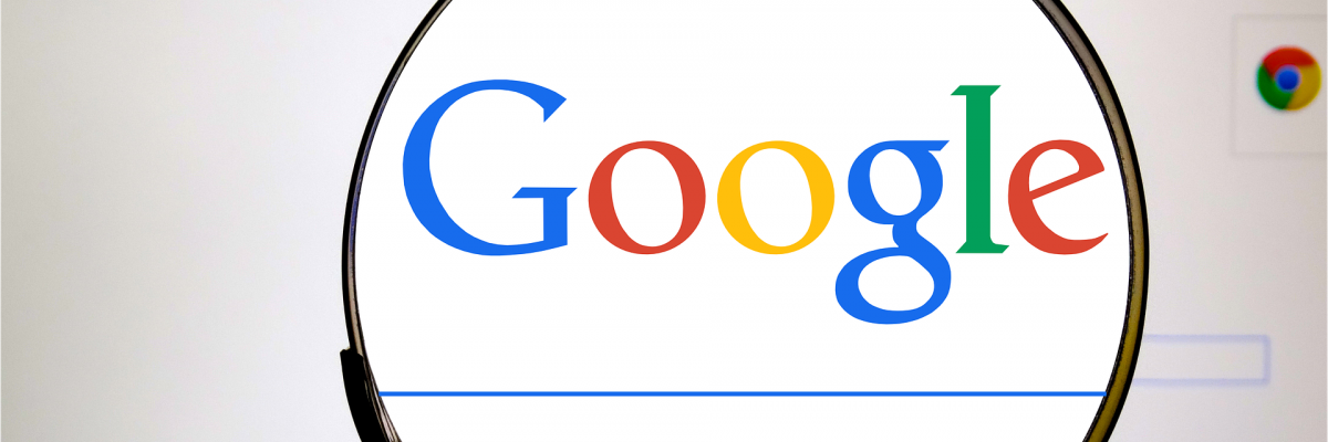 Page web de Google. Une loupe fait apparaître  le logo de Google et la barre de recherche en plus gros.