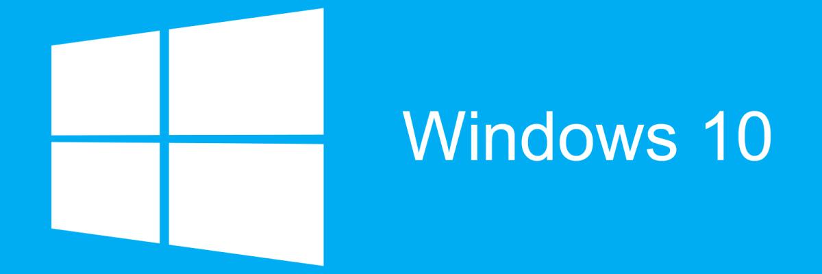 logo de Windows 10 blanc sur un fond bleu avec un icone à gauche représentant 4 fenêtres.