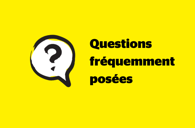 Bannière jaune avec l'icône d'une bulle de dialogue aux couleurs jaune et noir d'INCA. À l'intérieur de la bulle se trouve l'icône d'un point d'interrogation. À droite de l'icône, le texte : FAQ