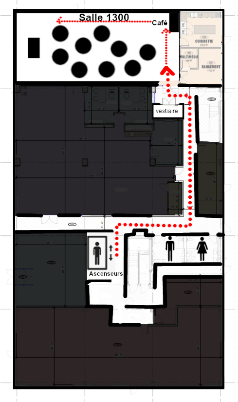 Plan du 1er étage avec les ascenseurs, les toilettes, les vestiaires, la salle avec des tables rondes et le coin café en haut à droite et les présentateur au fond de la salle à gauche.