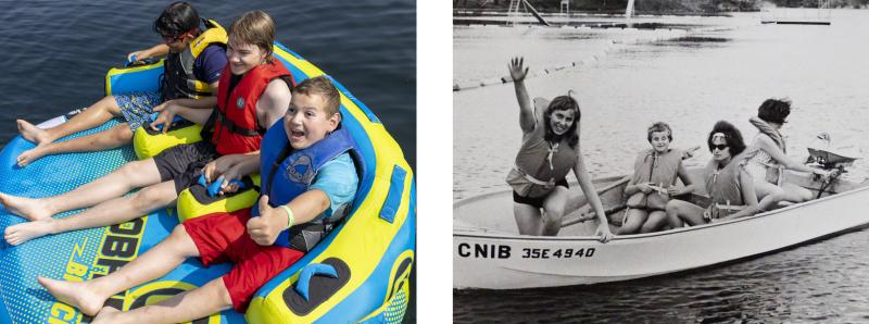 Photo des années 960 montrant des campeurs du Lake Joe dans un bateau, à côté d'une photo récente montrant des campeurs du Lake Joe dans un bateau