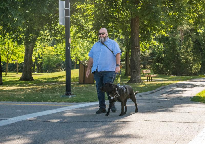 Jason et Midas traversent la rue en se promenant dans un parc. Jason porte un t-shirt à col bleu clair, un jean bleu et des lunettes de soleil noires.