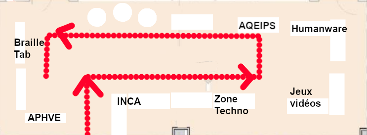 Plan de salle des exposants, dans le sens anti-horaire, en partant de la porte d'entrée vers la droite, le kiosque d'INCA, la Zone techno, les jeux vidéos dans le coin inférieur droit, HumanWare, dans le coin supérieur droit, Aqieps, une table ractangulaires et trois tables bistro rondes libres, une porte, et finalement les kiosques à gauche de la salle de Braille Tab, une table vide et l'APHVE tout près de la porte.