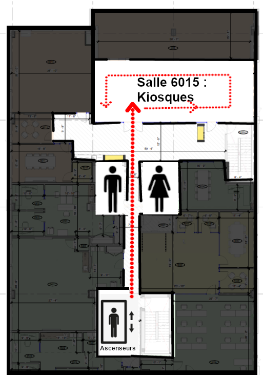 Plan du 6e étage avec les ascenseurs, les toilettes, la salle 6015 avec les kiosques et la circulation anti-horaire en partant de la droite et des divans dans les couloirs.