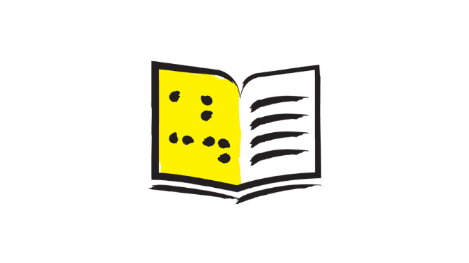 An illustration of a braille book outlined in a black paintbrush style design with yellow accents.