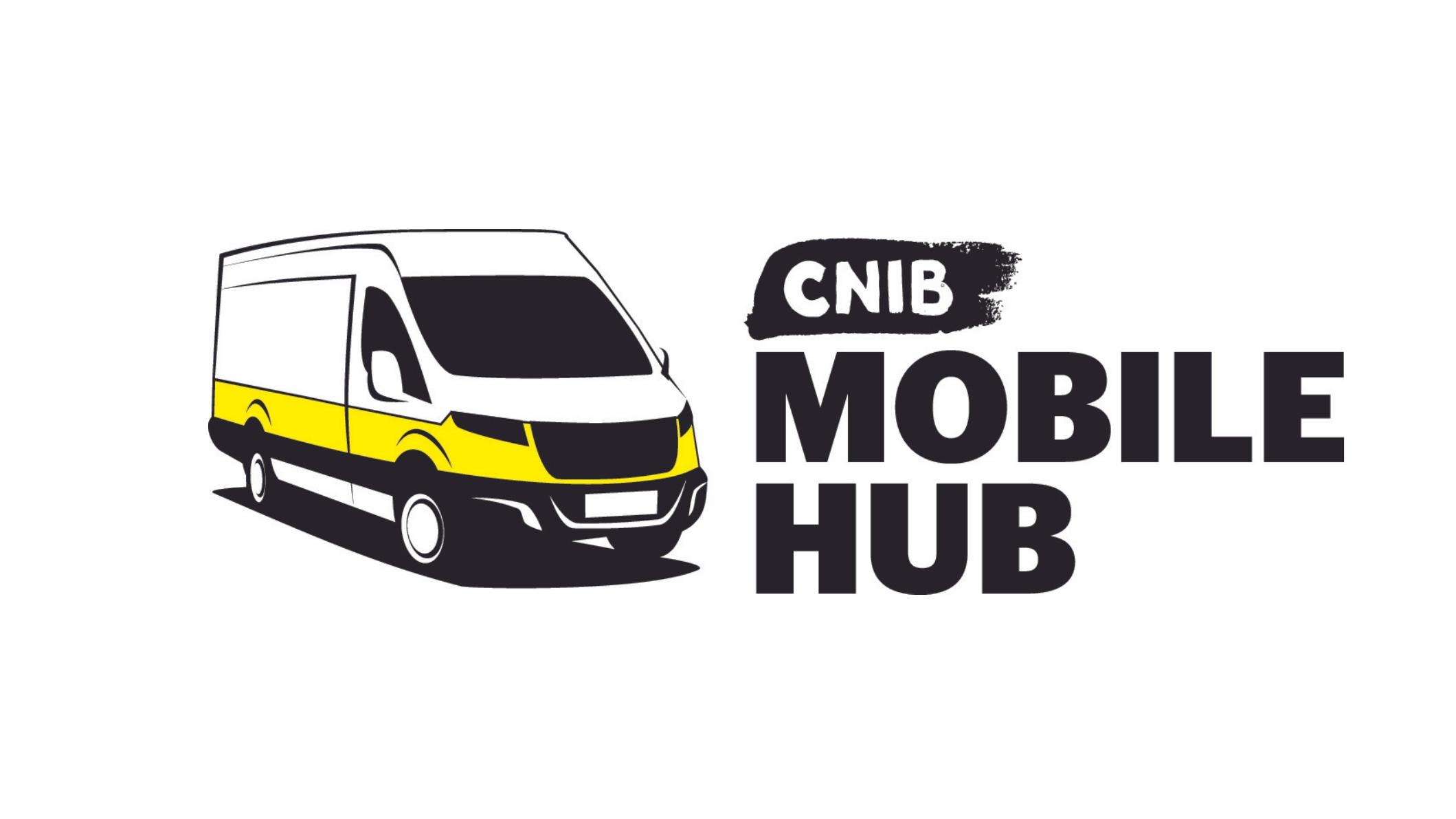 Logo du Hub mobile d’INCA. Image graphique représentant une camionnette de livraison blanche soulignée de touches de jaune et de noir. Texte : Hub mobile d’INCA.