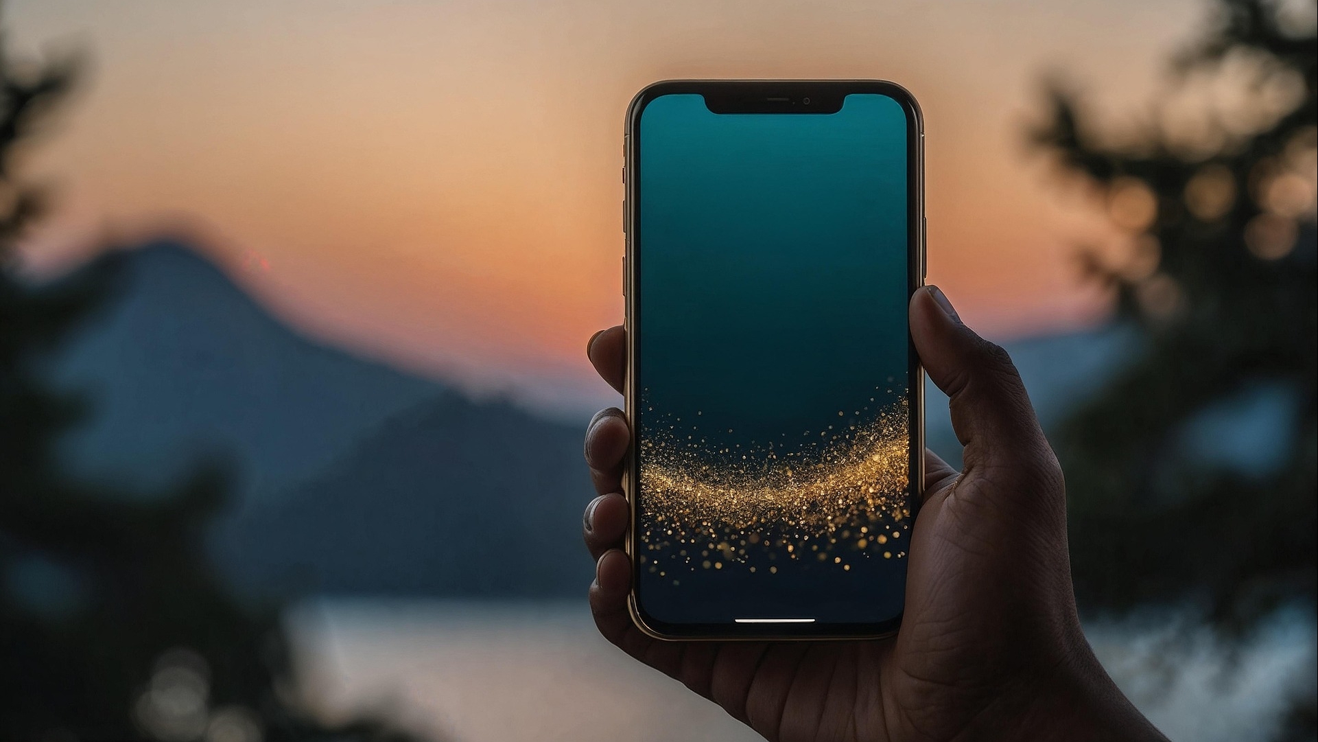 Une main tient un téléphone intelligent devant un coucher de soleil près d'un lac. Il y a des éléments qui scintillent sur le téléphone.
