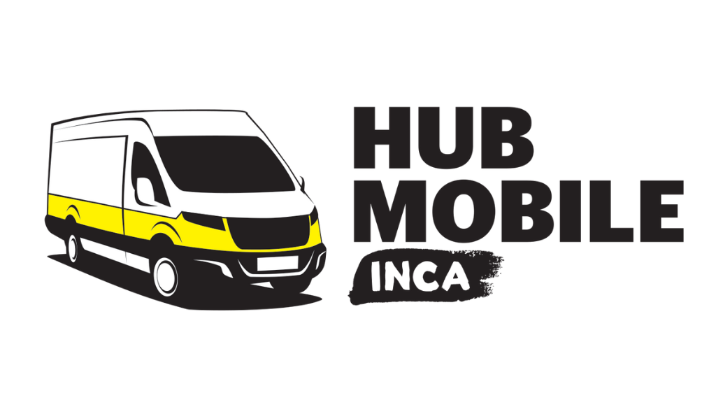 Logo du Hub mobile d'INCA. Icône d'une fourgonnette aux couleurs d’INCA. Texte : Hub mobile d'INCA.