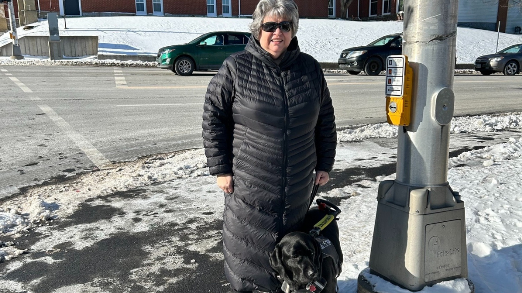 Marisa et son chien-guide, un labrador noir nommé Harley, se trouvent par une journée d'hiver ensoleillée à un passage piéton, à côté d'un poteau électrique équipé d'un nouveau système de feux pour piétons accessibles.
