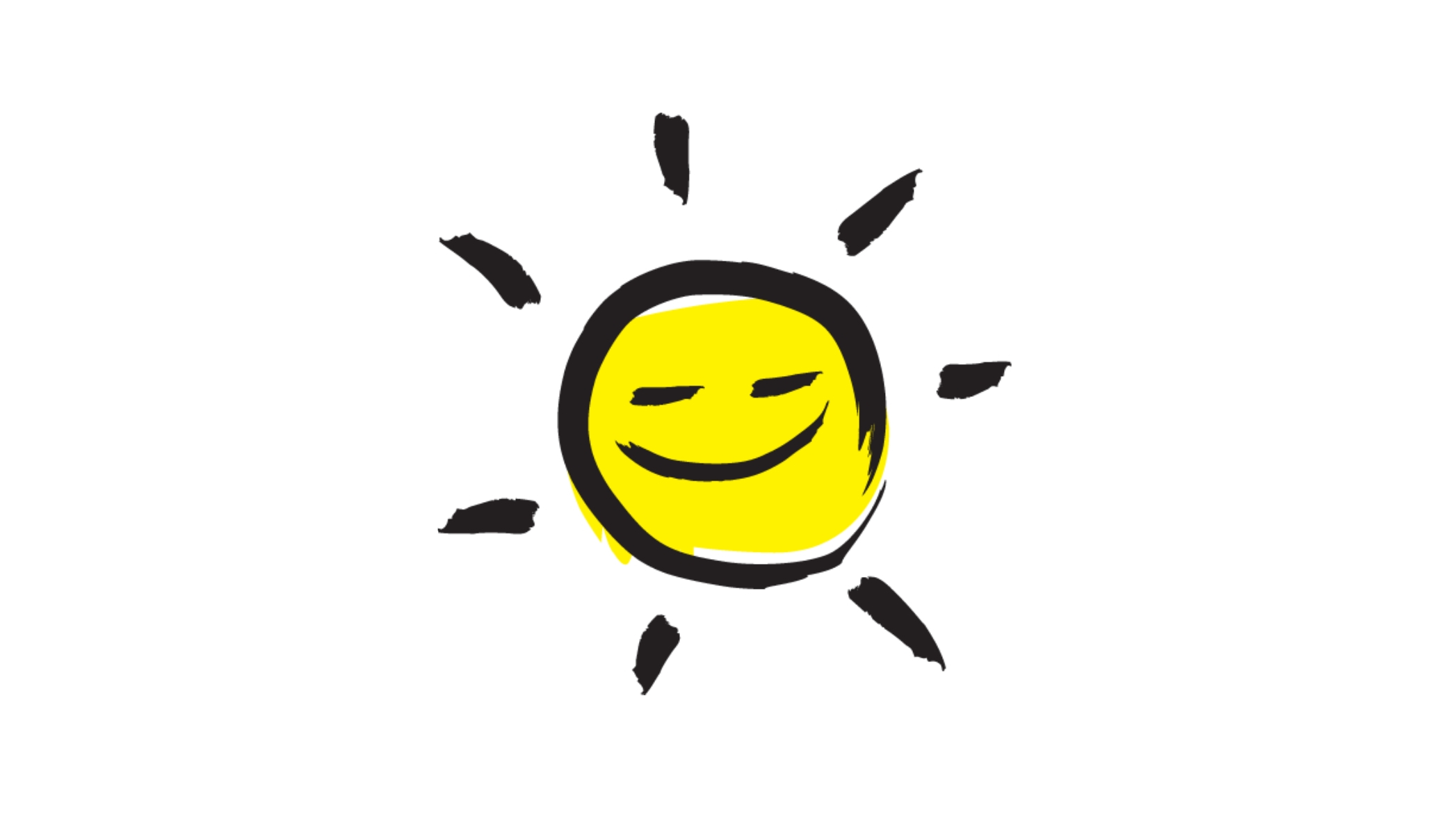 Image représentant une icône représentant un soleil souriant, dessinée en noir au pinceau avec des accents jaunes.