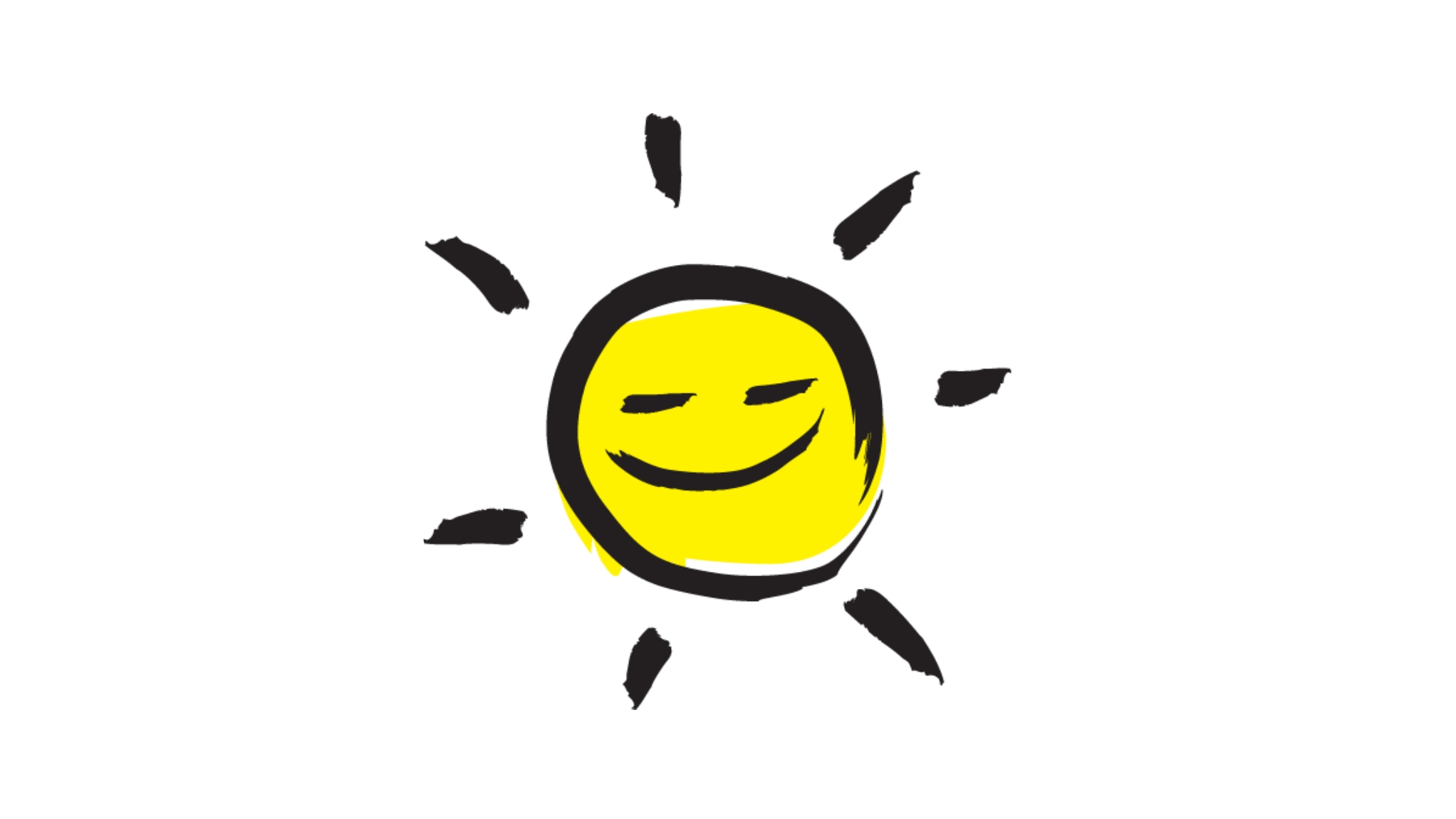 Image représentant une icône représentant un soleil souriant, dessinée en noir au pinceau avec des accents jaunes.