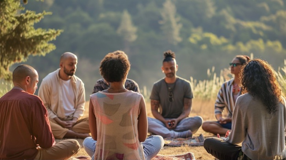 Un groupe hétéroclite d’adultes est assis en cercle à l’extérieur, sur des couvertures, dans un cadre naturel paisible. Entourés d’arbres et de hautes herbes, les participants se livrent à un exercice de méditation.