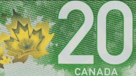 Deux photographies représentant le recto et le verso du billet de 20 dollars « Vertical », mettant l'accent sur les coins supérieurs de chacun. Les photos montrent les chiffres de grande taille et très contrastés.