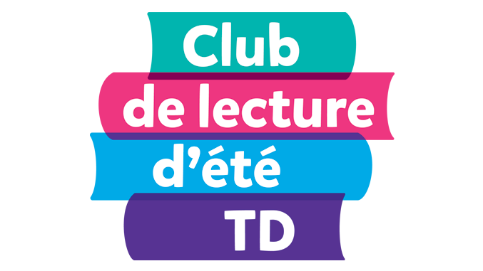ULe logo du Club de lecture d'été TD. Le graphisme ressemble à une pile de livres multicolores. Texte : Club de lecture d'été TD
