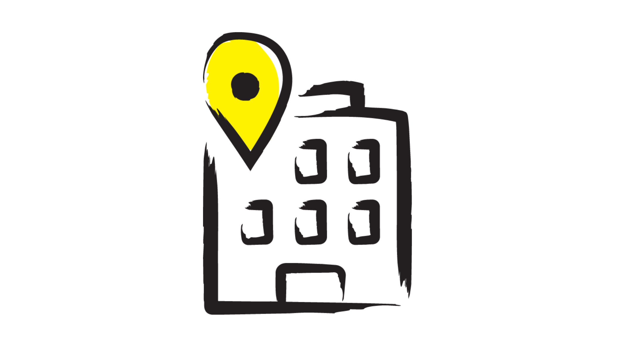 Une illustration d'un bâtiment sur laquelle figure un repère de localisation jaune dans le coin supérieur gauche du dessin.