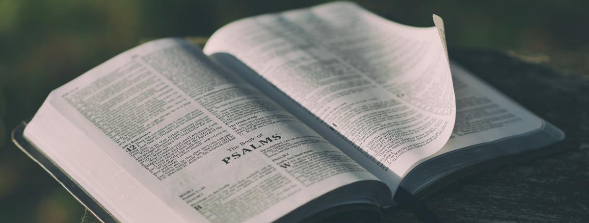 An open bible sits on a table.