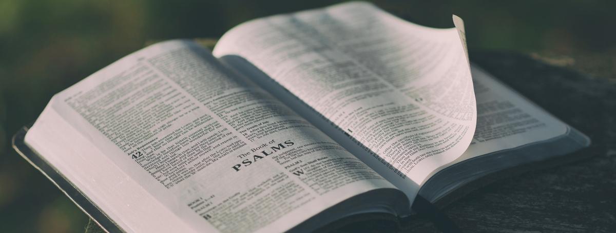 An open bible sits on a table. 