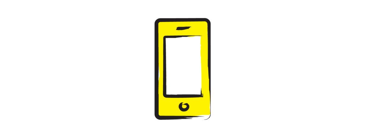 An illustration of a smartphone outlined in a black paintbrush style design with yellow accents.