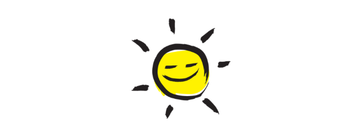 Image d'une icône de soleil souriant dans un dessin noir au pinceau avec des accents jaunes.