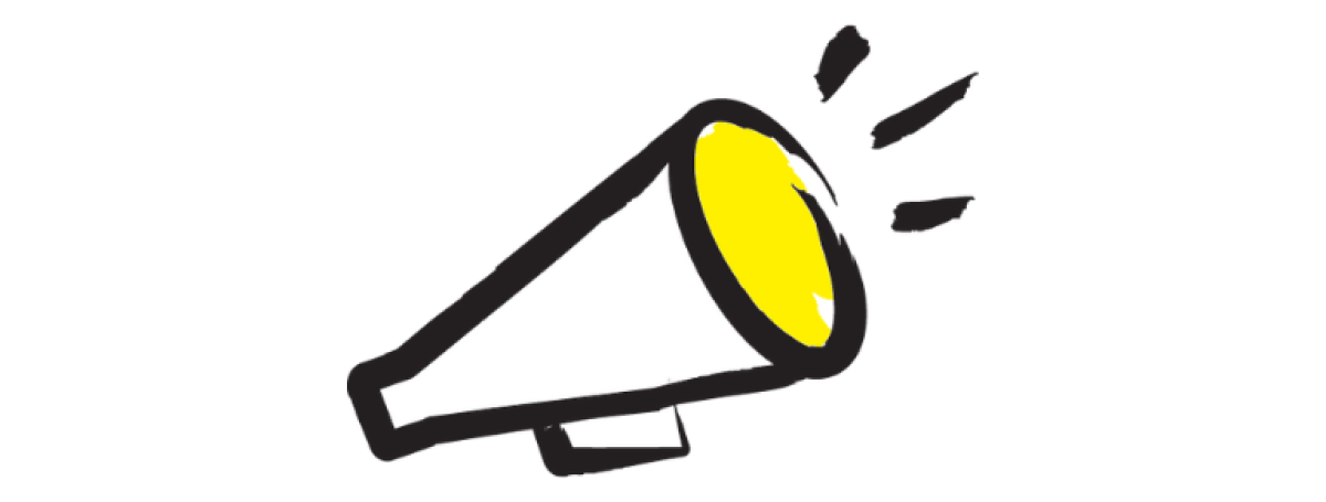 An illustration of a megaphone outlined in a black paintbrush style design with yellow accents.