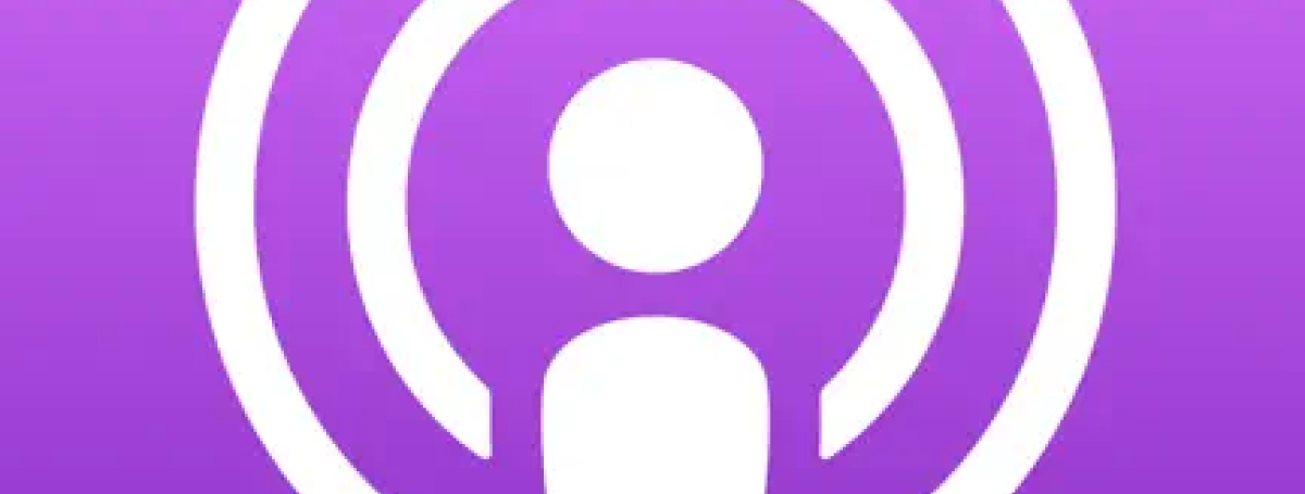 Icône de l'application balado: un fond mauve avec des ondes blanches.