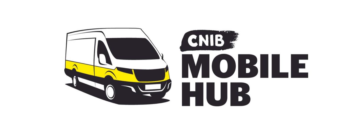 CNIB Mobile Hub logo. A graphic art illustration of a white cargo van outlined with yellow and black accents. Text: CNIB Mobile Hub.