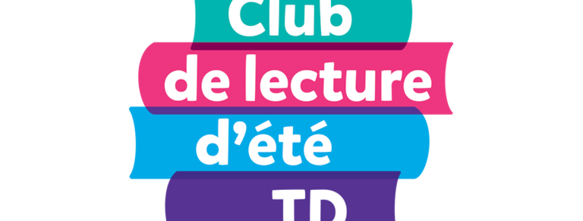 Le logo du Club de lecture d'été TD. Le graphisme ressemble à une pile de livres multicolores. Texte : Club de lecture d'été TD